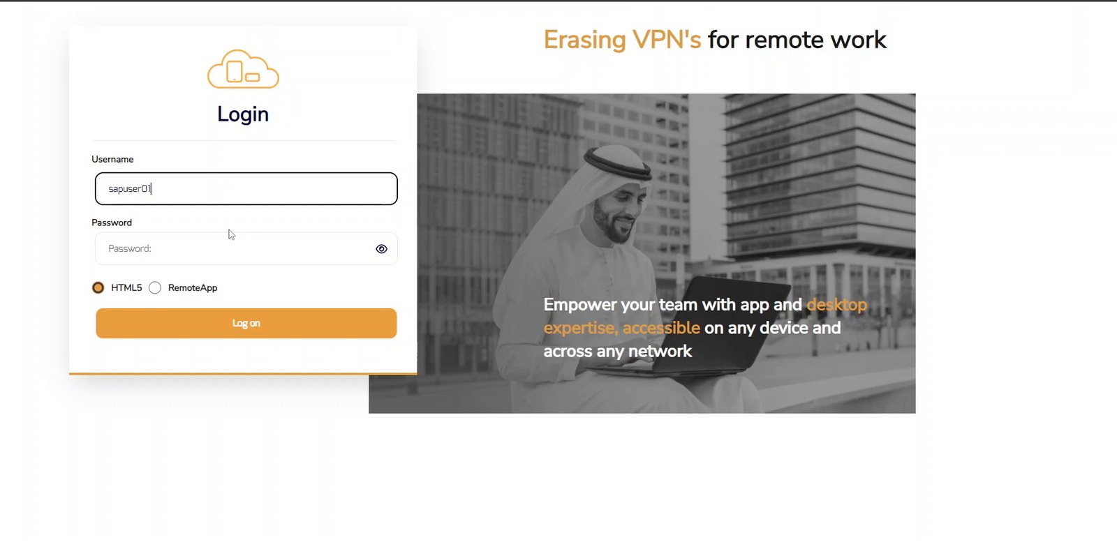 The AppLite sign-in page with HTML5 and RemoteApp options